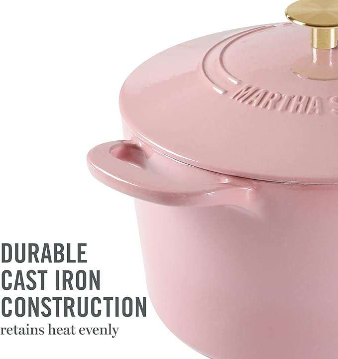 MARTHA STEWART Gatwick 7-Quart Enamel Cast Iron Dutch Oven Pot with Lid – Pink – Heavy-Duty Dutch Oven for Slow Cooking, Braising & Baking