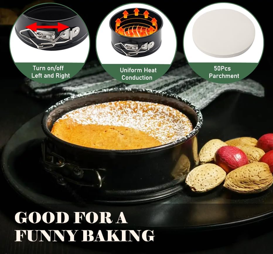 Tellshun 4 Pack Small Springform Cheesecakes Pan Tins Set 4 Inch Mini Baking Mold 4 Pieces Round Leakproof Nonstick Removable Bottom Bakeware for Pie Pizzas and Quiches Includes 50Pcs Parchment Paper - Culinary Roots