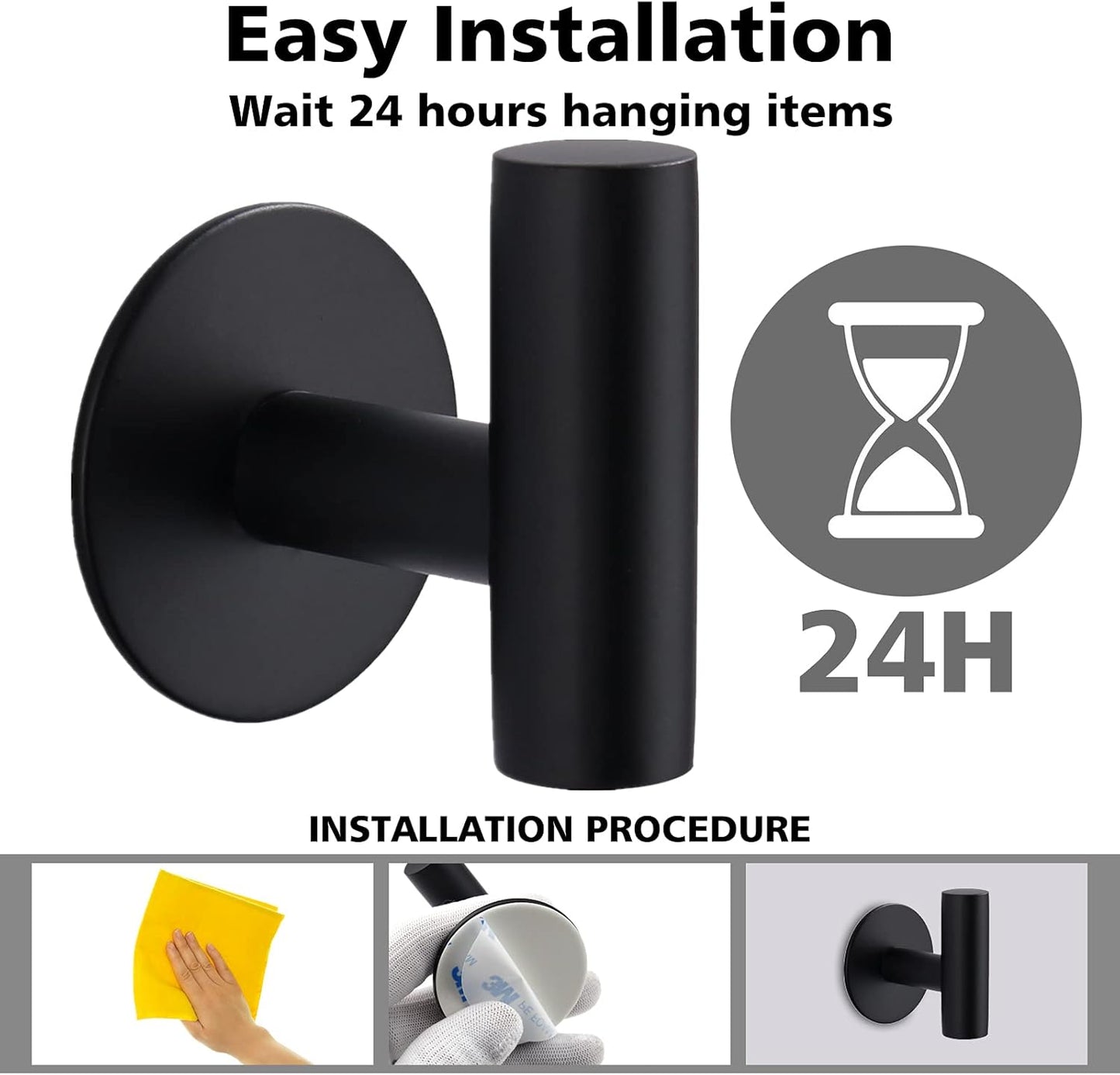 Adhesive Towel Hooks, Heavy Duty Wall Hooks Stainless Steel Waterproof Shower Towel Hooks, Coat Hook for Hanging Clothes, Adhesive Hooks for Bathroom, Glass Window- 4 Pack, Black