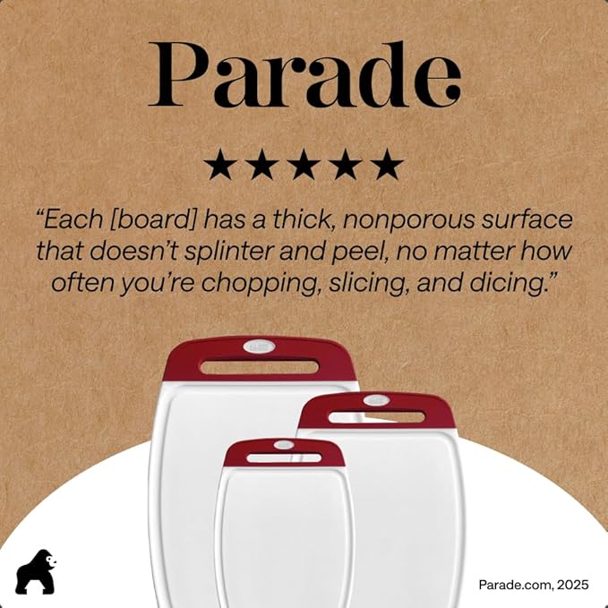 GORILLA GRIP BPA-Free Reversible Kitchen Cutting Board Set of 3, US Designed, Nonporous, Juice Grooves Catch Liquid, Slip Resistant Border, Dishwasher Safe, Durable Large Food Chopping Boards, Red