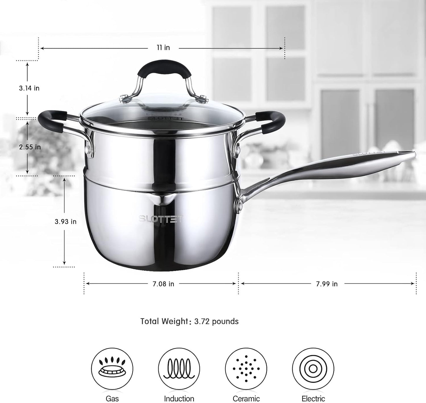 Tri-Ply Whole-Clad Stainless Steel Saucepan with Steamer,2.5 Qt Small Multipurpose Pot with Pour Spout,Strainer Glass Lid, 2 Quart Sauce Pan for Cooking with Stay-cool Handle. - Culinary Roots