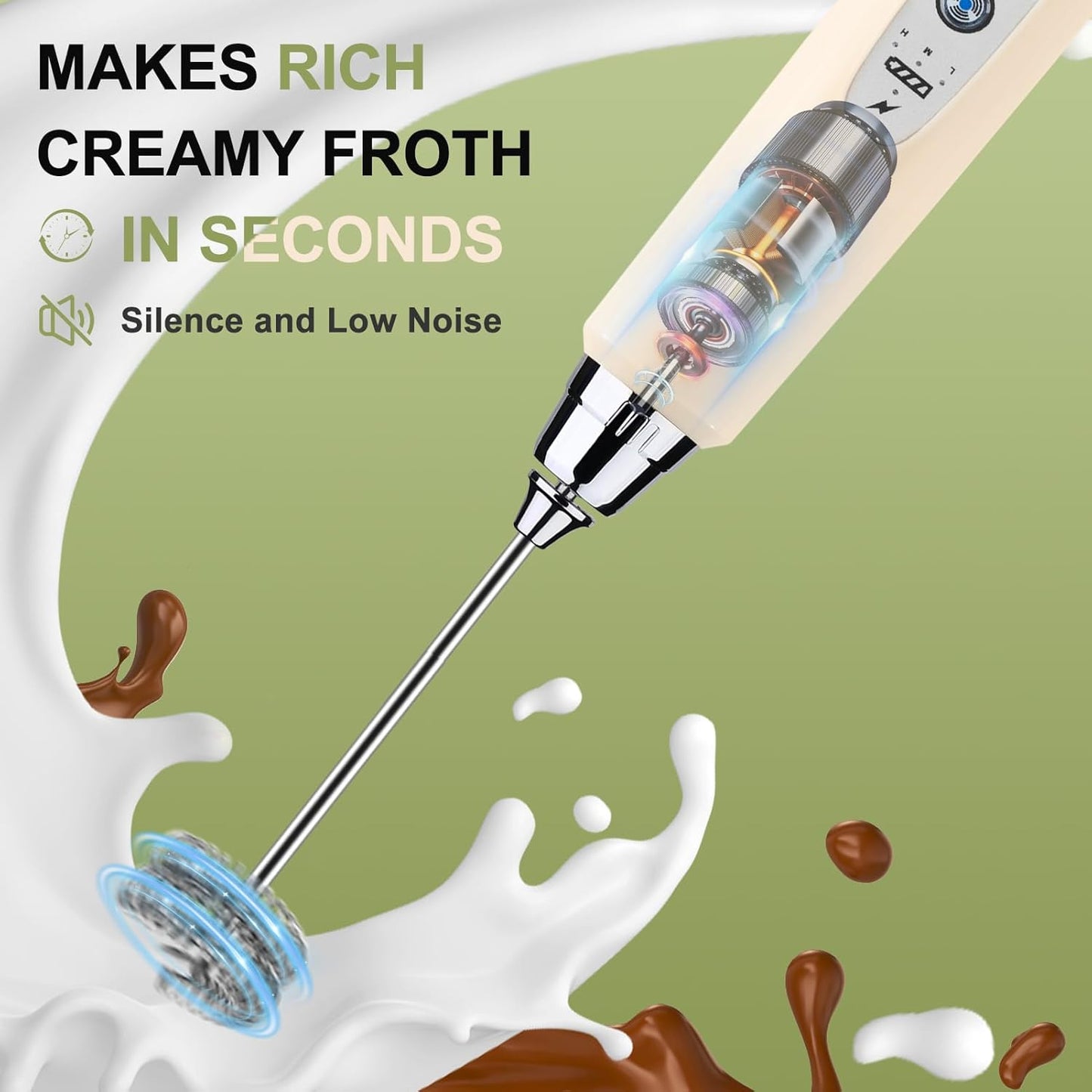 YUSWKO Beige Handheld Milk Frother Wand with Stand for Coffee, Rechargeable Electric Whisk with 3 Heads 3 Speeds Drink Mixer Coffee Frother For Latte, Cappuccino, Hot Chocolate, Egg - Culinary Roots