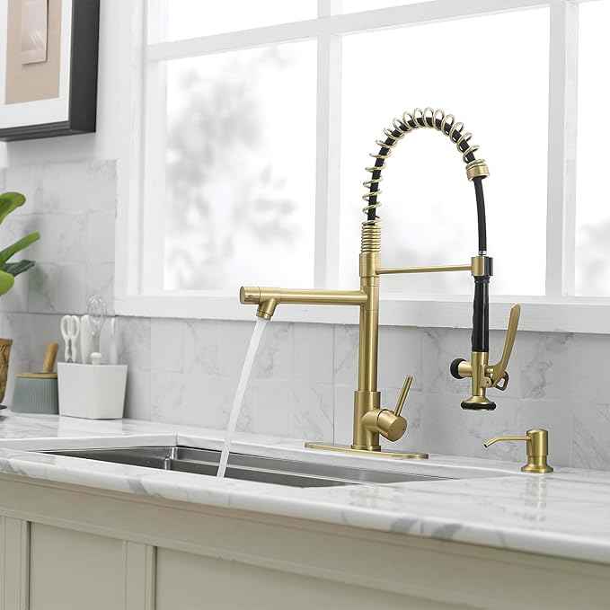 Fapully Commercial Kitchen Sink Faucet with Pull Down Sprayer Brushed Gold Single Handle Faucets for Kitchen Sink, Kitchen Faucet with Soap Dispenser and Deck Plack for 4 Hole