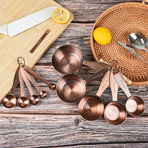 Copper Plated Measuring Cups and Spoons Set with 5 Copper Measuring Cups and 5 Measuring Spoons and Measure Ingredient Leveler and Rings