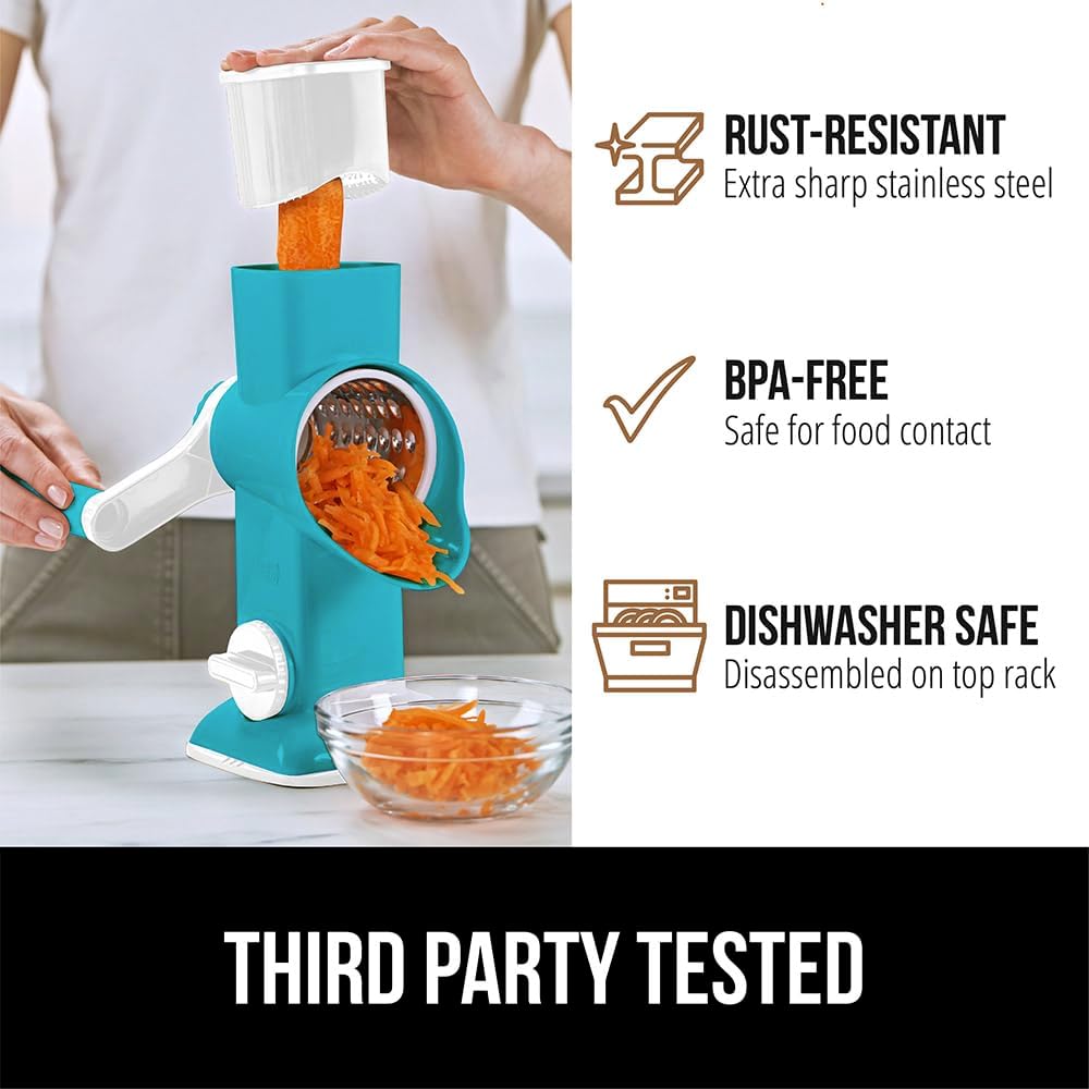 GORILLA GRIP BPA-Free Rotary Cheese Grater Hand Crank, Easy to Set Up, Strong Suction Base for Kitchen Countertop, Shred Potato, Vegetable, Nuts in Seconds, Round Mandoline Slicer, 3 Blades, Turquoise - Culinary Roots