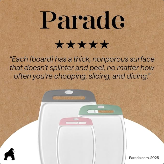 GORILLA GRIP BPA-Free Reversible Kitchen Cutting Board Set of 3, US Designed, Nonporous, Juice Grooves Catch Liquid, Slip Resistant Border, Dishwasher Safe Large Food Chopping Boards, Gray Mint Pink