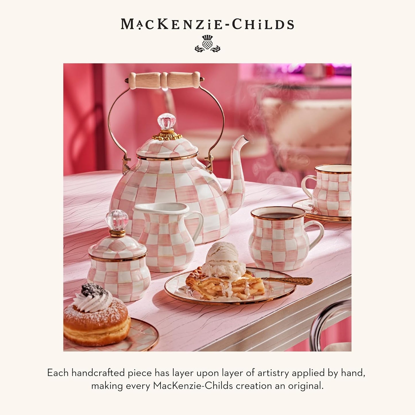 MACKENZIE-CHILDS Enamel Creamer, Creamer Dispenser with Pour Spout, Kitchen Enamelware, Pink-and-White Rosy Check