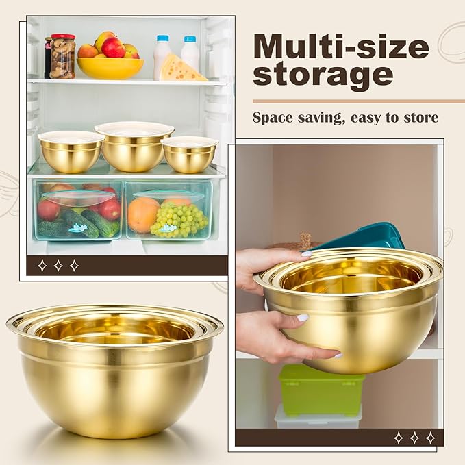 Baderke 7 Pcs Gold Kitchen Accessories Includes Stainless Steel Colander with Handles, 3 Gold Mixing Bowls with Airtight Lids and 3 Fine Mesh Strainer(Colander: 5 Qt, Mixing Bowls: 1.5/2/3 Qt)