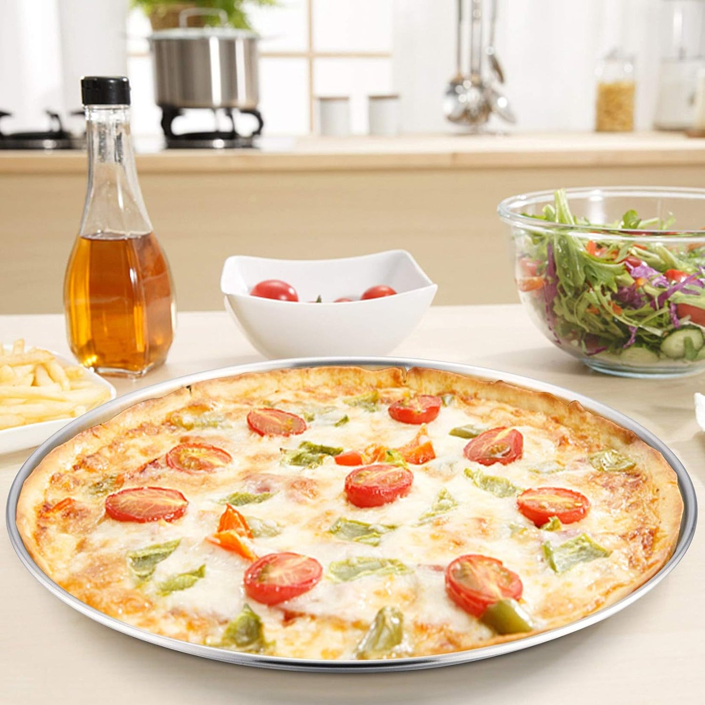 P&P CHEF 13.5 Inch Pizza Pan, 3 Pieces Stainless Steel Round Pizza Tray Dish Plate For Oven Baking Roasting, Healthy & Heavy Duty, Rust Free & Dishwasher Safe -Silver - Culinary Roots