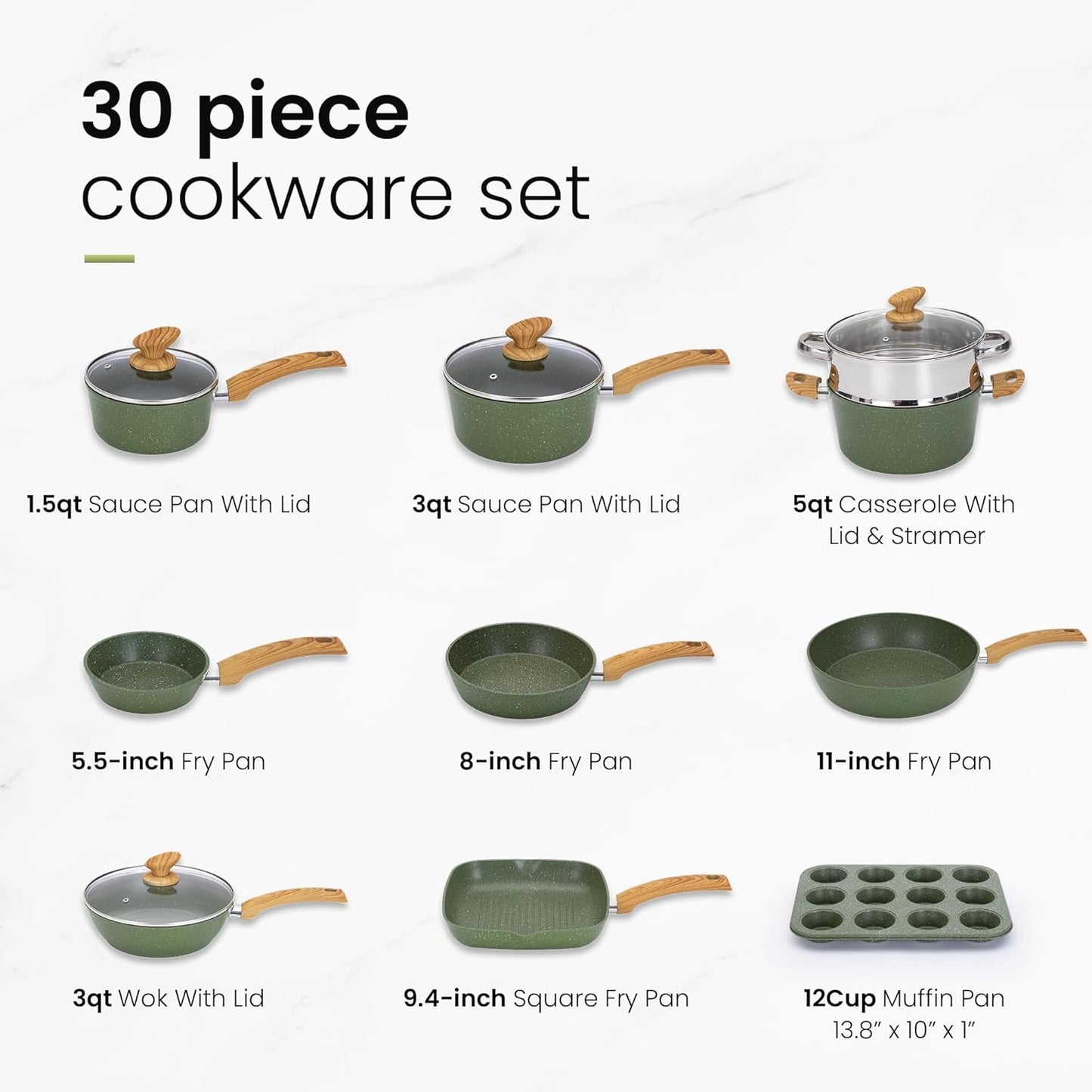 Kitchen Academy Pots and Pans Set Nonstick, 30 Pieces Induction Kitchen Cookware and Bakeware Sets, Green Granite Coating Cooking Pans Set - Culinary Roots
