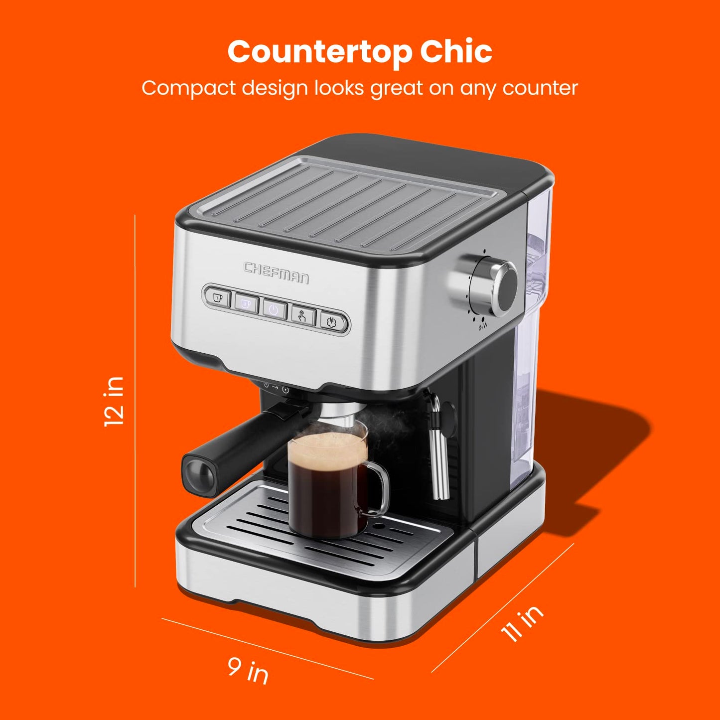 6-in-1 Espresso Machine with Steamer, One-Touch Single or Double Shot Maker, Coffee Cappuccino Machine, Latte Built-In Milk Frother Stainless Steel