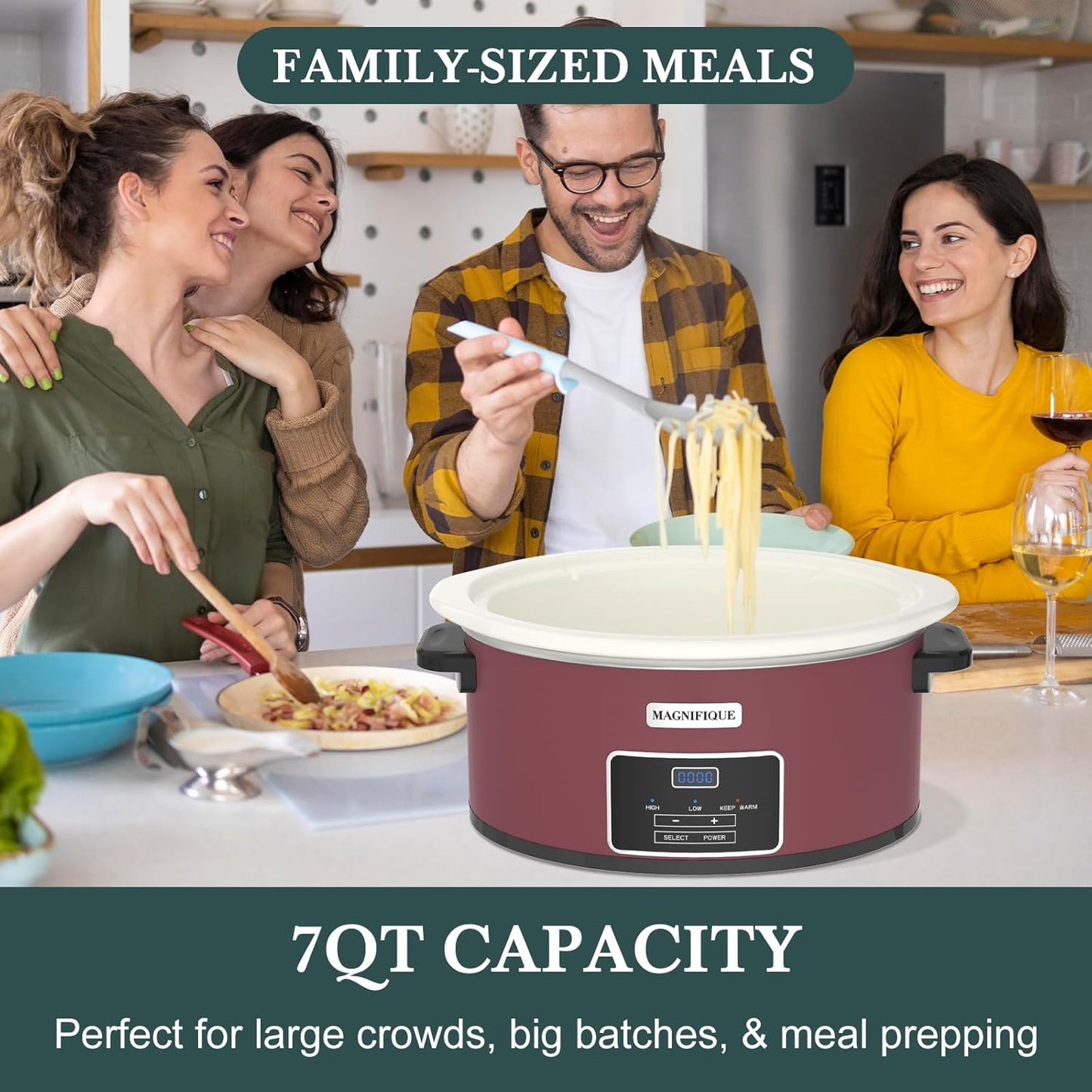 7-Quart Programmable Slow Cooker with Timer Keep Warm - Small Kitchen Appliance for Family Dinners - Serves 6+ People (Red Shell + White Ceramic Liner) - Culinary Roots