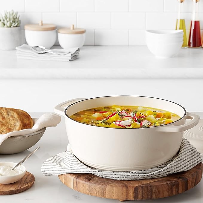 Amazon Basics Enameled Cast Iron Dutch Oven Pot with Lid, Oven Safe, Heavy-Duty, Dual Handles for Baking, Roasting, Stews, Round, 6-Quart, White