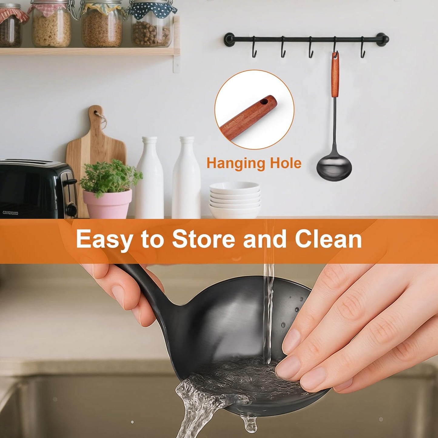 FJNATINH Soup Ladle, Food Grade 304 Stainless Steel Ladle, Large Metal Ladel Kitchen Cooking Soup Spoon Tools with Heat Resistant Wooden Handle, Integral Forming 13.8 Inches - Culinary Roots
