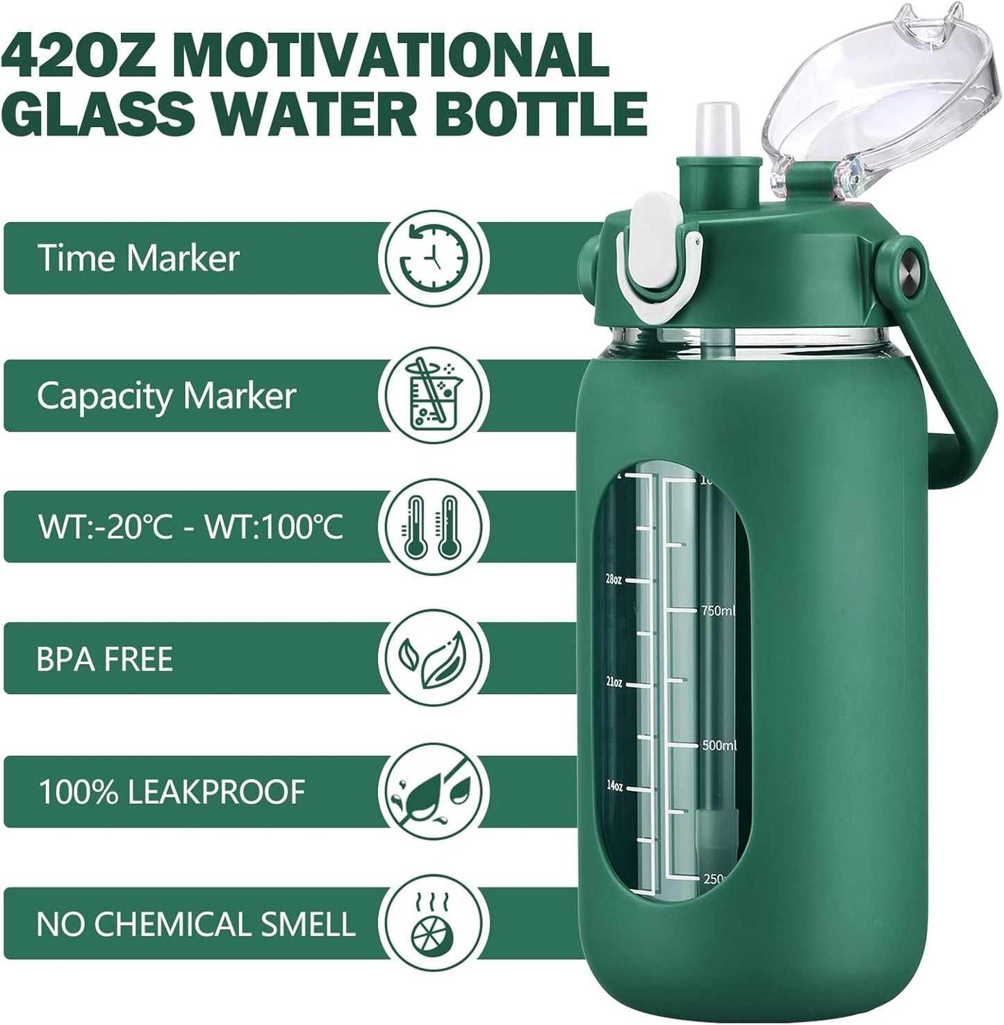 kytffu 42oz Glass Water Bottles with Straw, Motivational Glass Bottle with Silicone Sleeve and Time Marker, Leakproof Large Glass Water Jug for Gym Home Office, Ink green