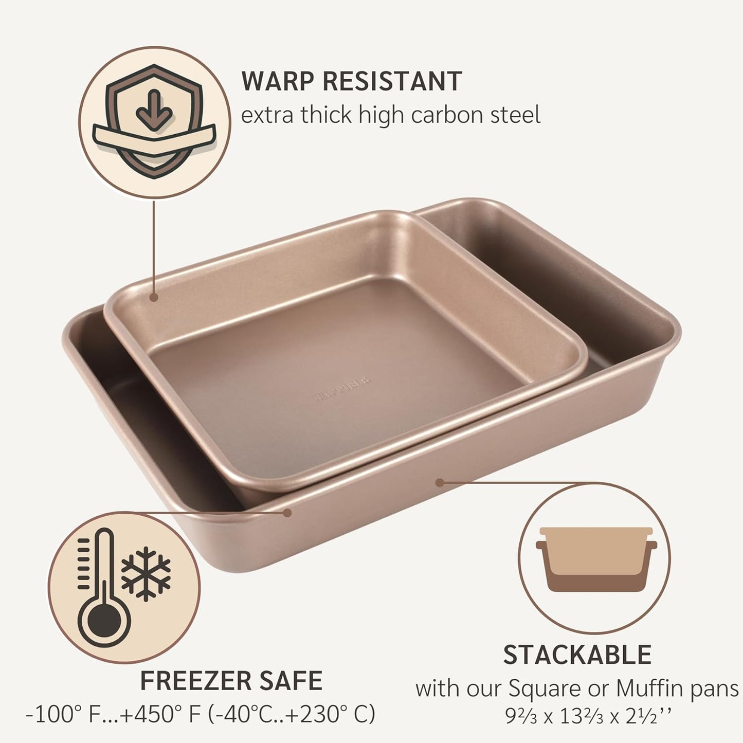 Nonstick Non Toxic 9x13 in Baking Pan for oven | Cake Mold 9 x 13 Non Stick Nontoxic | Carbon Steel Gold Brownies Pans 13x9 inches | Rectangle Brownie Tray 9 by 13 inch | Baking Ware - Culinary Roots
