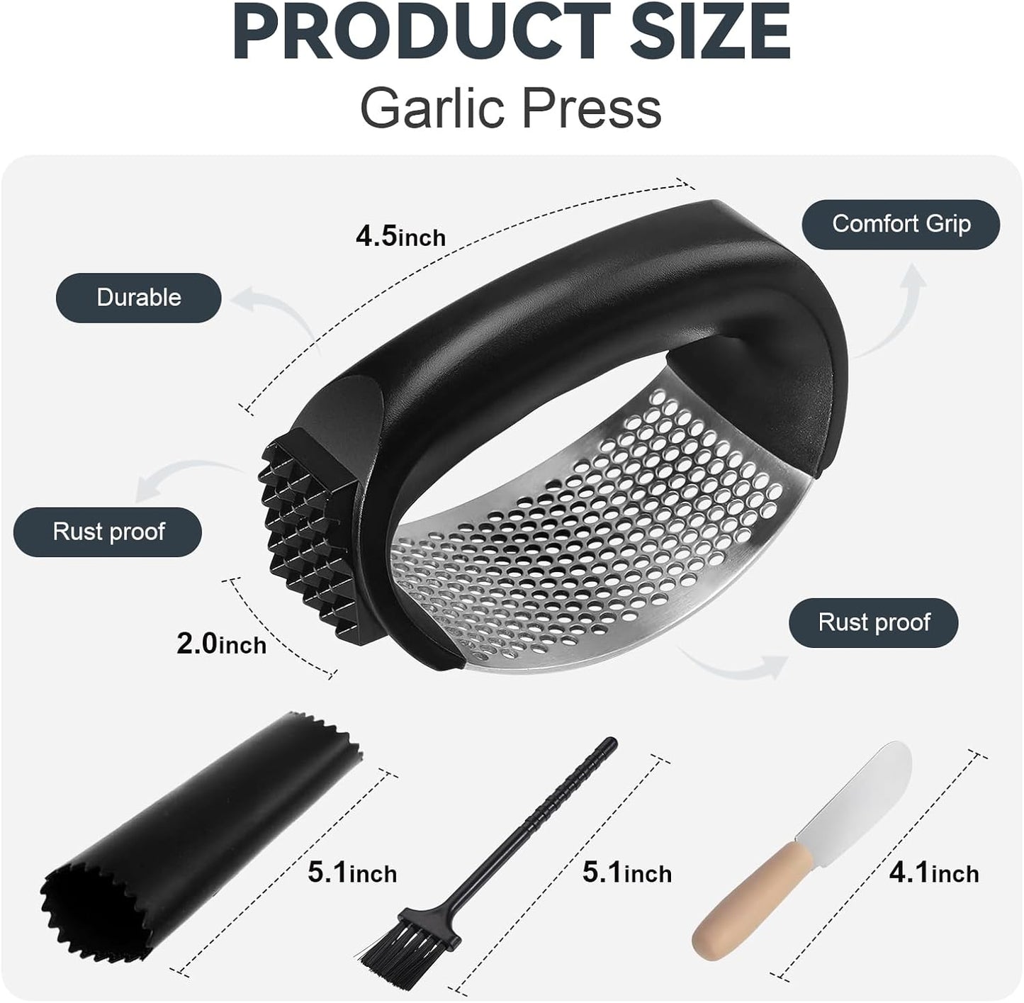 2 Pack Garlic Press Rocker Set – Innovative Stainless Steel Garlic Mincer & Crusher with 2 Peelers, 2 Scrapers, and 2 Brushes for Effortless Garlic Prep | Complete Garlic Tool Kit (BLACK) - Culinary Roots