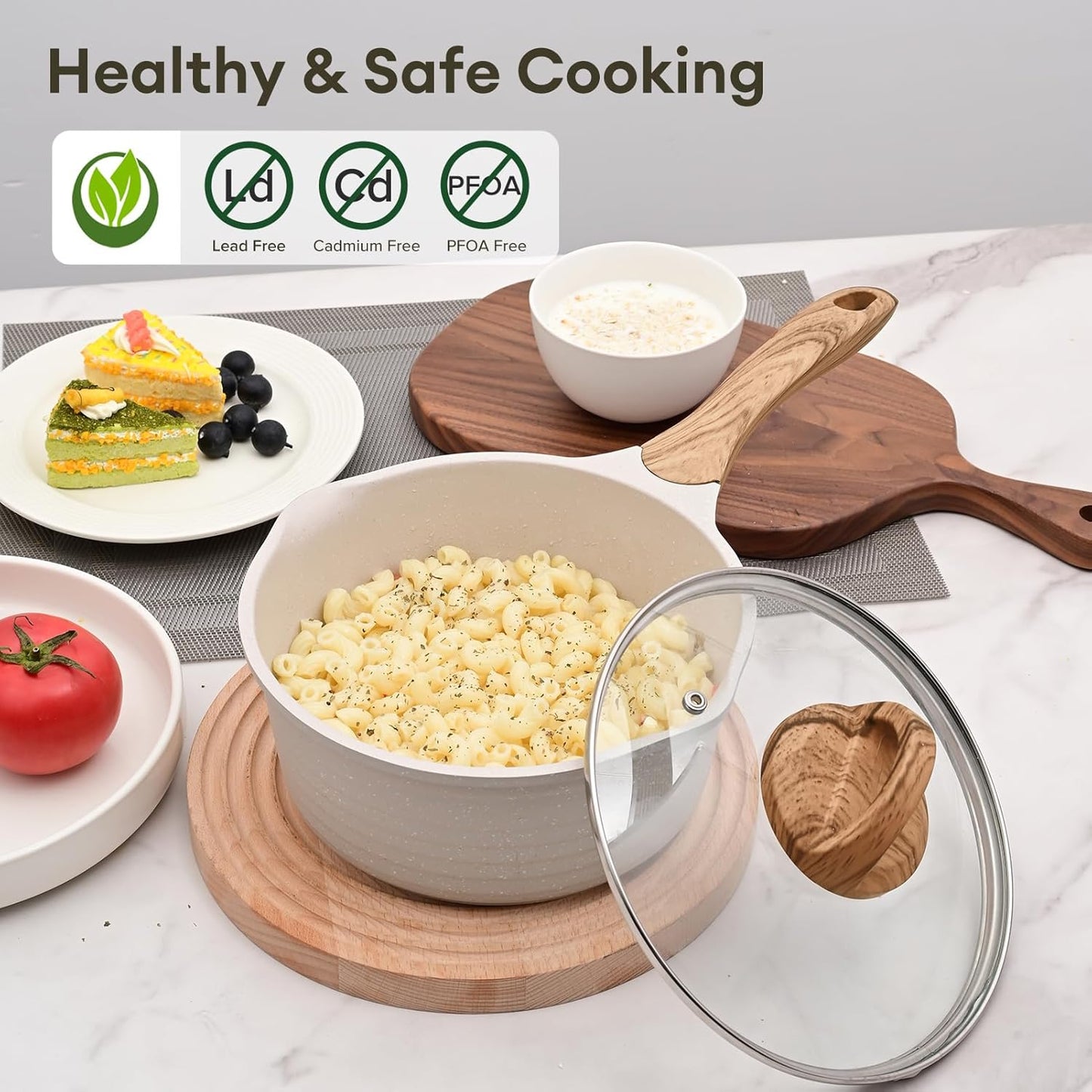 JEETEE 2 Quart Sauce Pan with Lid, Non Stick Small Pot with Coating, Masterclass Cookware Sauce Pot for Cooking, PFOA/PFOS Free(Beige) - Culinary Roots