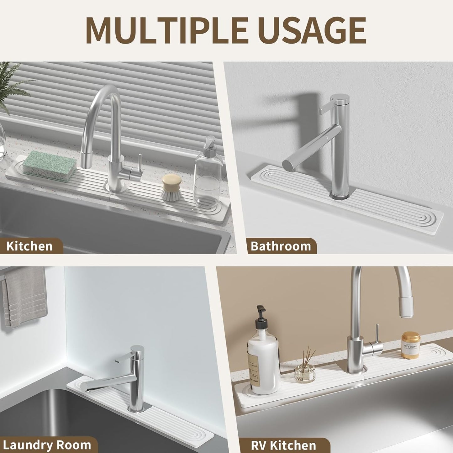 Faucet Mat for Kitchen Sink, Diatomite Stone Drying Sink Protectors, Bathroom Faucet Splash Guard, Quick Dry Water Absorbing, Non-Slip Stone Tray for Kitchen Counter, White, 23.6" x 3.9" - Culinary Roots