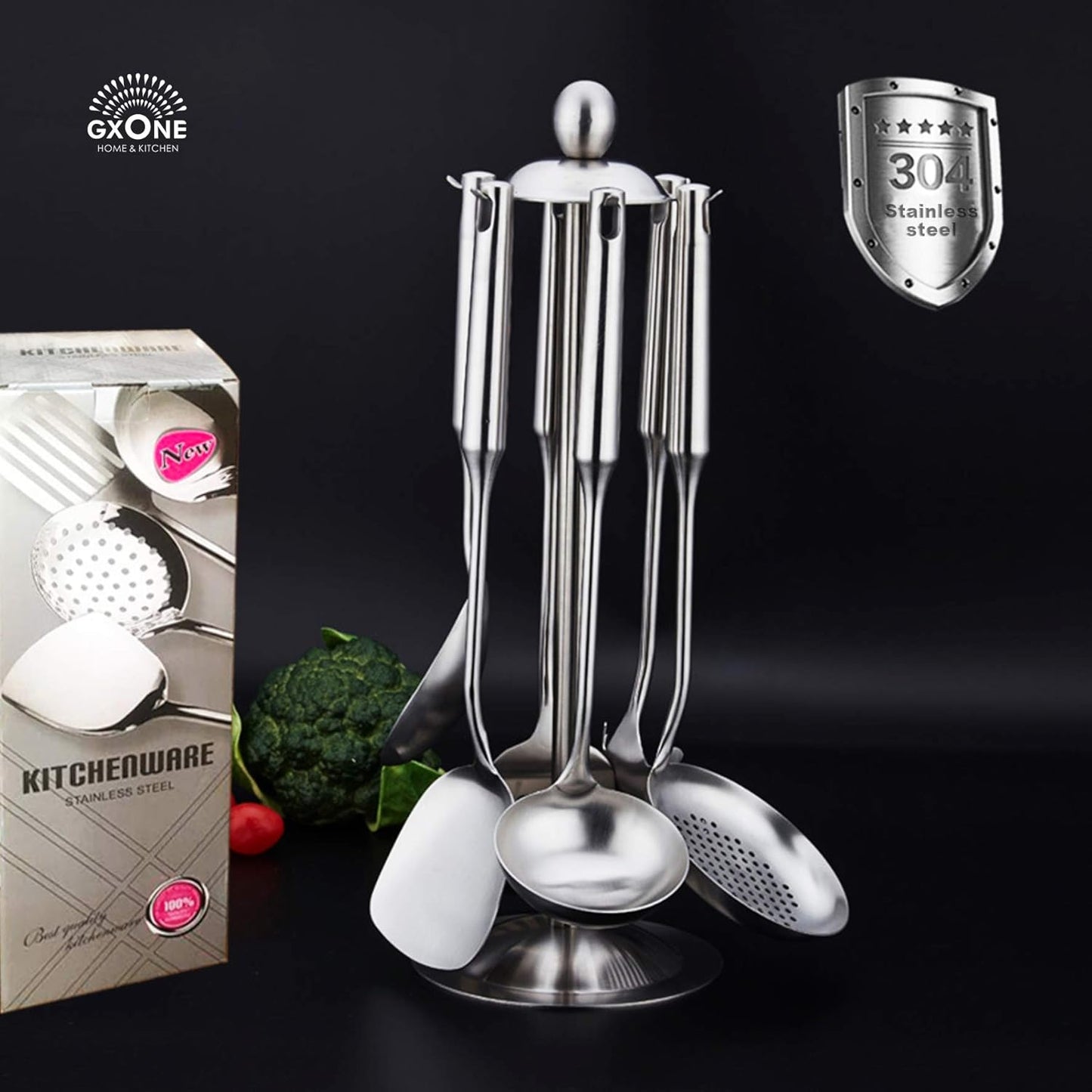 Kitchen Utensil Set – 6 Piece Stainless Steel Cooking Utensils with Rotating Holder Organizer Includes Slotted Spoon, Slotted Spatula, Large Spoon, Soup Ladle, Spatula, Pasta Server Silver/7PCS - Culinary Roots