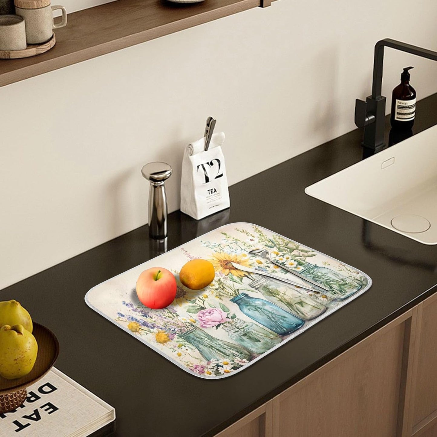 Spring Summer Floral Jars Flowers Dish Drying Mat for Kitchen Counter Absorbent Microfiber Small Drying Pad Dish mats for Kitchen Countertops 16 x 18 Inch