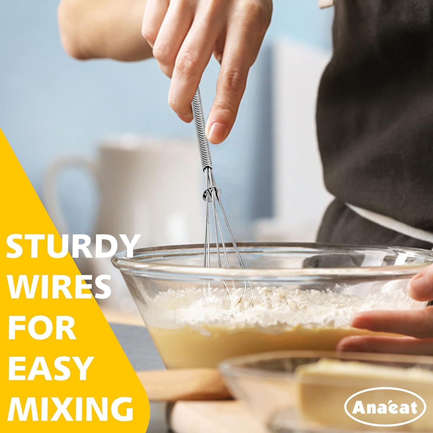 Anaeat Stainless Steel Kitchen Whisk Set of 5, Milk and Egg Beater Blender with Thick Wire for Whisking, Cooking, Baking, Beating and Stirring - 5"+7" Mini Whisk and 8.5''+10.5''+12'' Balloon Whisks - Culinary Roots