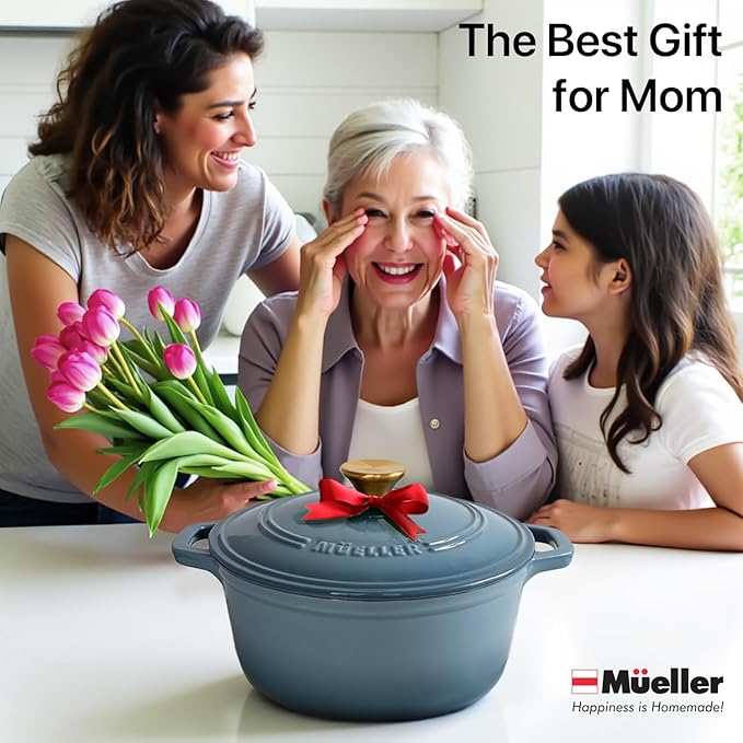 MUELLER HOME 6 Quart Enameled Cast Iron Pot Dutch Oven, Heavy-Duty, Oven-Safe up to 500° F & Across All Cooktops, Bread Pan with Lid & Knob, Cast Iron Cookware, Blue Kitchen Accessories, Mineral Blue