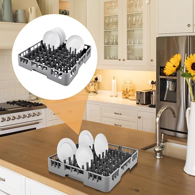 1 Pack Commercial Dishwasher Tray Rack Polypropylene Full Size Flatware Rack for Bowls Plates Knives Forks Cups (Peg Dish,Gray)