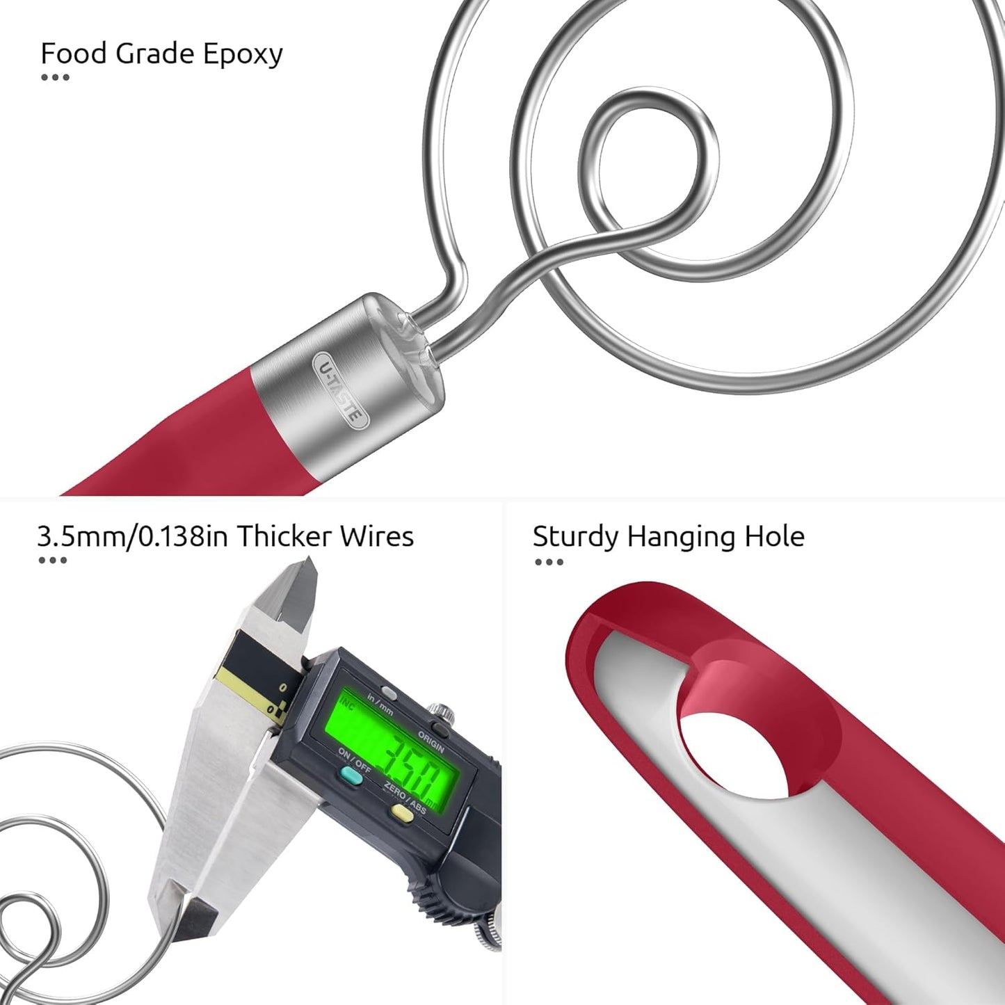 U-Taste 12.6in Danish Dough Whisk: 18/8 Stainless Steel Heavy-Duty Sourdough Mixer Tool, Food Grade Dutch Style Seamless Bread Wisk, Sturdy for Mixing, Stirring, Pressing, Kneading Thick Batter (Red) - Culinary Roots