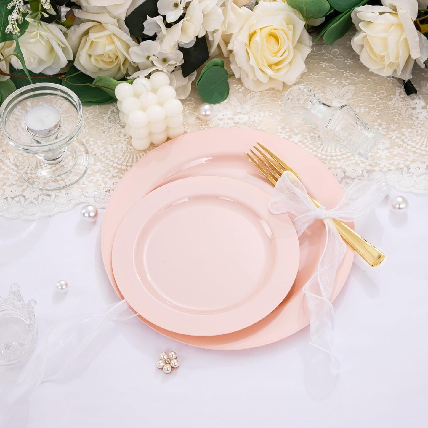 FLOWERCAT 60PCS Pink Plastic Plates - Heavy Duty Pink Plates Disposable for Party/Mother's Day/Wedding - serving 30 guests Include 30PCS 10.25inch & 30PCS 7.5inch - Culinary Roots