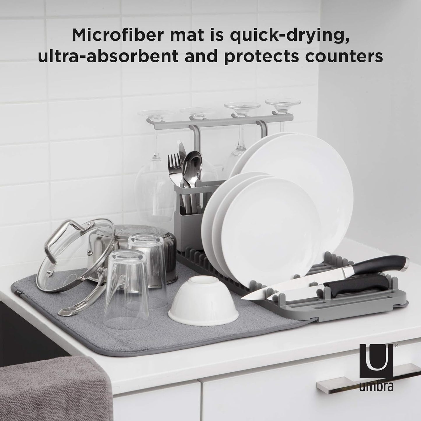 Umbra Udry Dish Rack and Microfiber Drying Mat – Space-Saving Design Folds Up for Easy Storage, Rack with Caddy, Gray