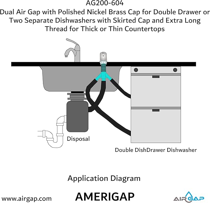 Dual Air Gap with Polished Nickel Brass Cap for Double Drawer or Two Separate Dishwashers with Skirted Cap and Extra Long Thread for Thick or Thin Countertops (AG200-604, AG200-X04,AMERIGAP)