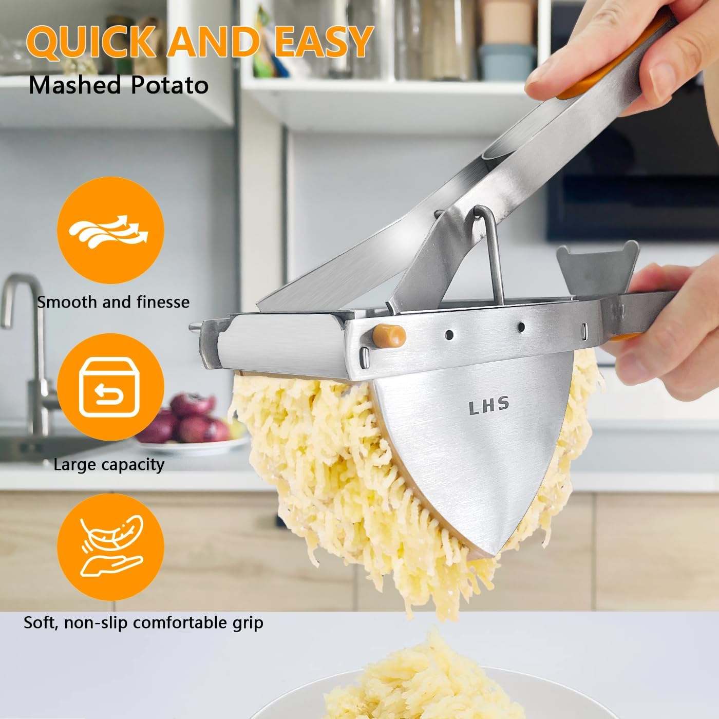 LHS Stainless Steel Potato Ricer and Masher, Heavy Duty Commercial Food Masher, Ergonomic Comfort Grip, Extra Large Capacity, Dishwasher Safe (Orange) - Culinary Roots