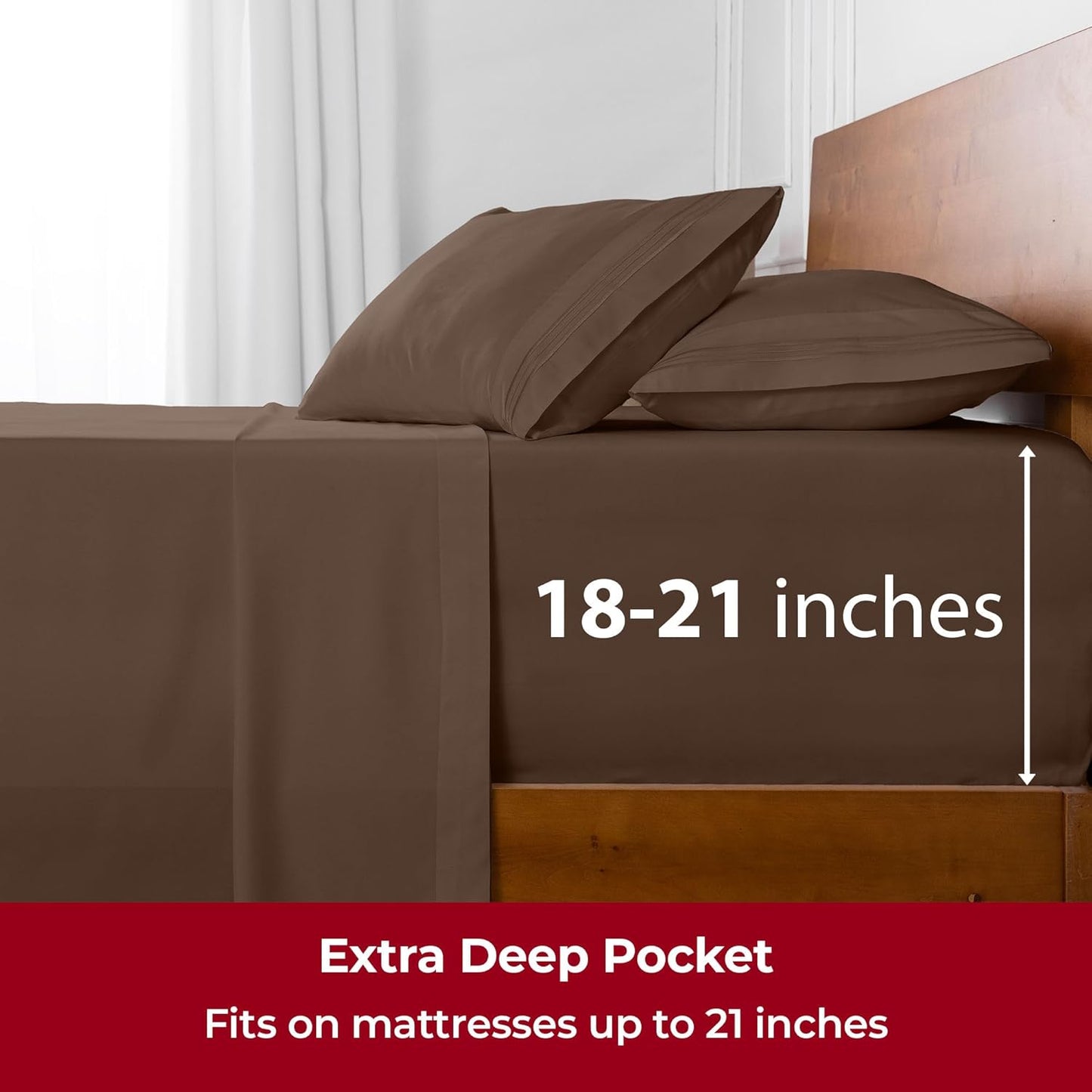 Mellanni Extra Deep Split King Sheets - 5 PC Iconic Collection Bedding - Hotel Luxury, Ultra Soft, Cooling Bed Sheets - Wrinkle, Fade, Stain Resistant (Split King, Brown)