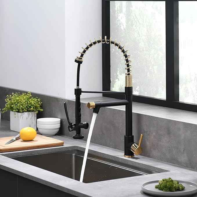 Fapully Black&Gold Kitchen Faucet with Sprayer,Commercial Pull Down Kitchen Faucet for Kitchen Sink