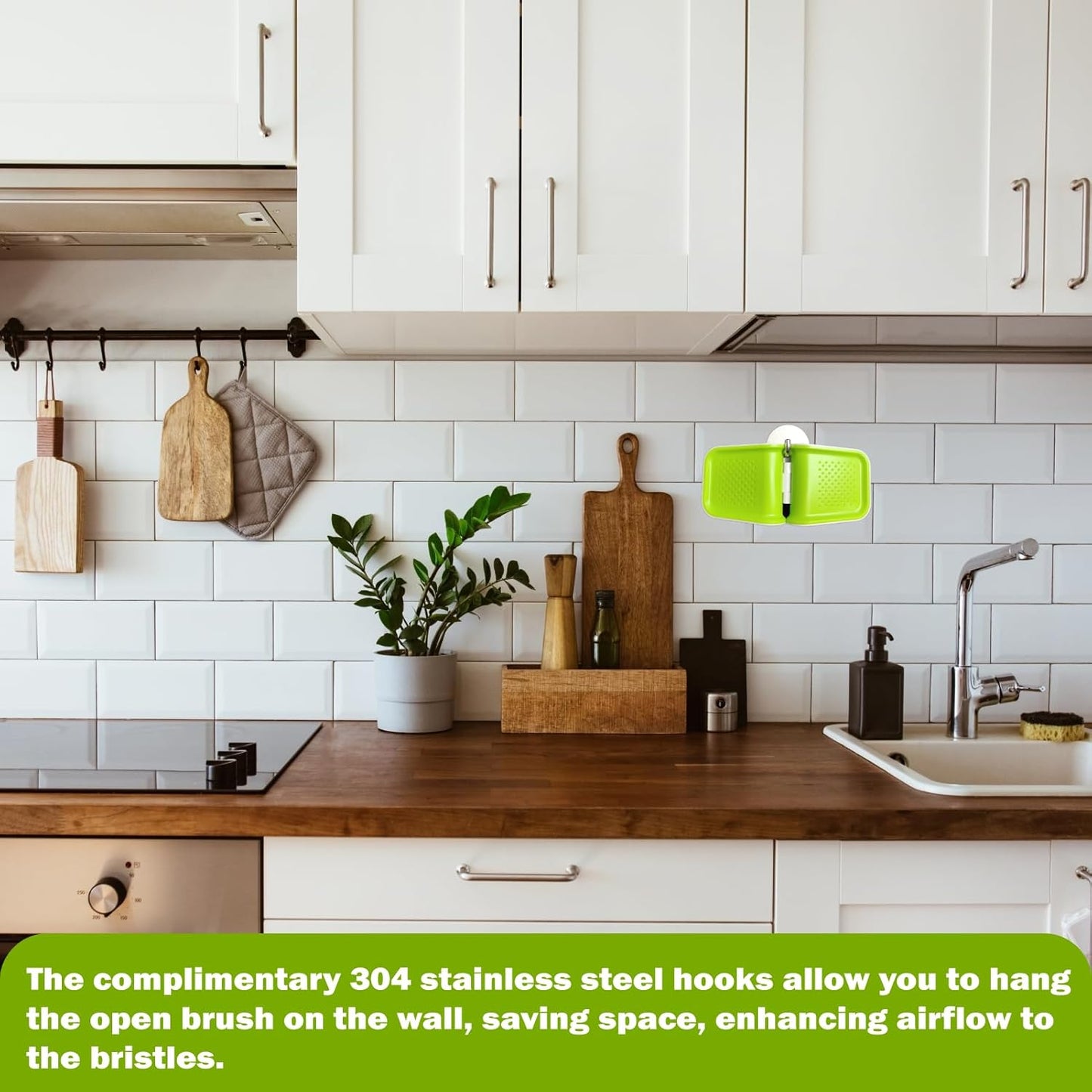 4pcs (2Brush and 2Wall Hook) Openable BladeBrush Knife and Cutlery Cleaner Brush, Silverware Scrubber, Bristle Scrub for Kitchen Washing, Non-Slip, U-Design,Green,Retractable (KCCB-O)