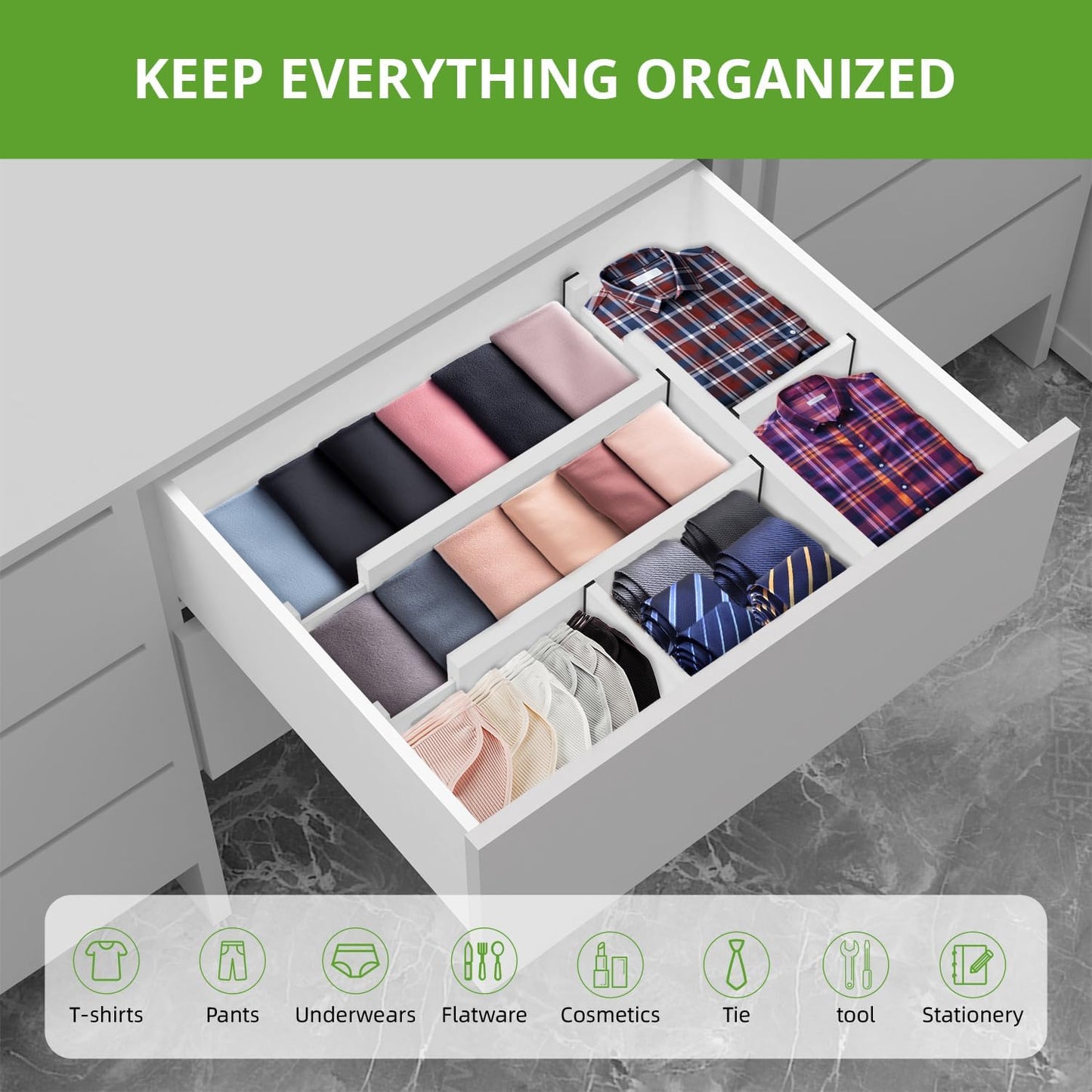 ANTOWIN 4 Pack Expandable Drawer Dividers, 4.7'' High, Extend from 12.2'' to 17.7'', Dresser Drawer Organizers, Bamboo Separators for Kitchen, Bedroom, Office, Bathroom (White)