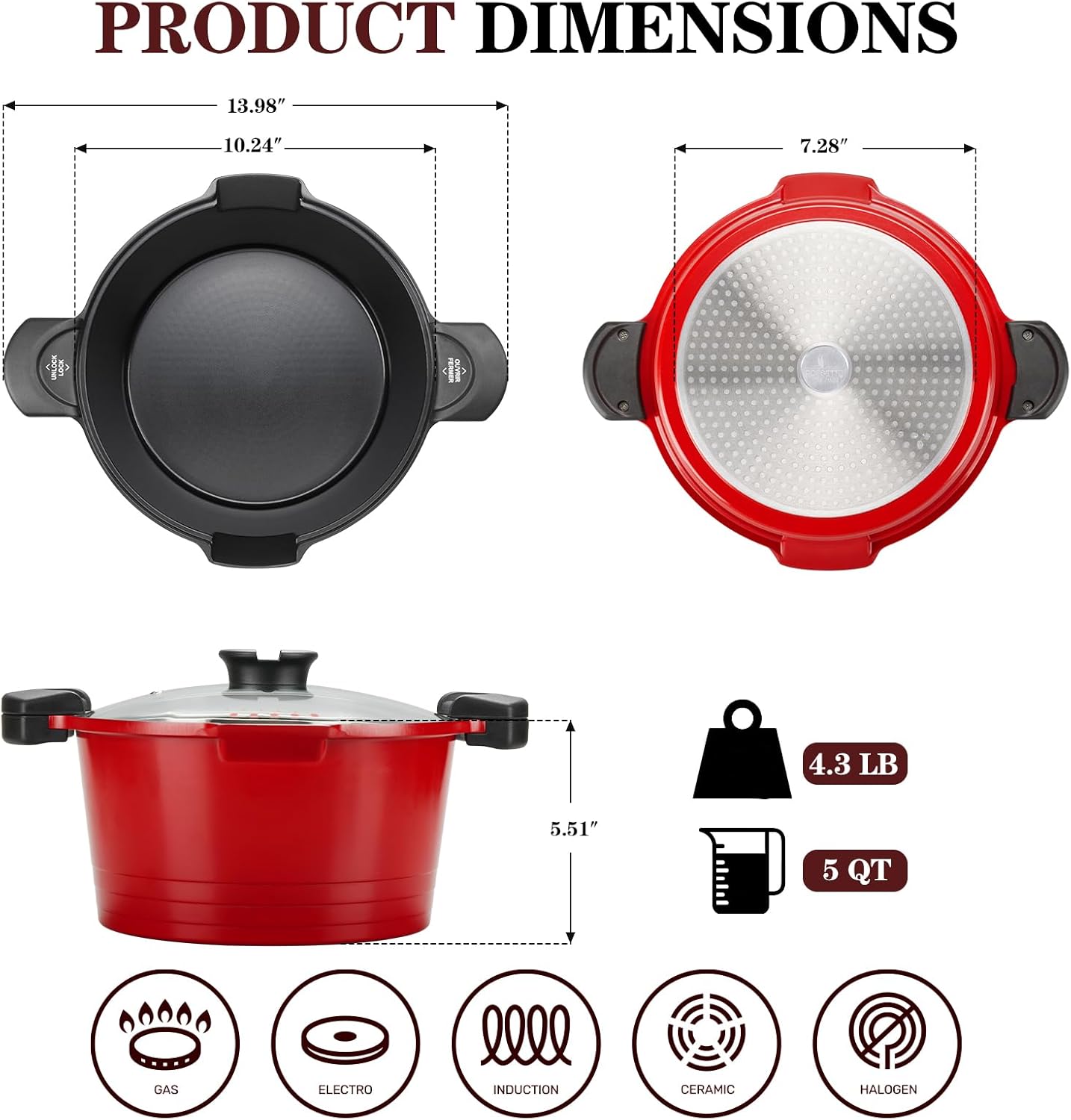 5qt Pasta Pot with Strainer Lid, Cast Aluminum Stockpot Multipot, Nonstick Ceramic Coating make Cleanup easy with Tempered Glass Lid, Dishwasher Safe, Induction, Black (Red, 5 Quarts) - Culinary Roots