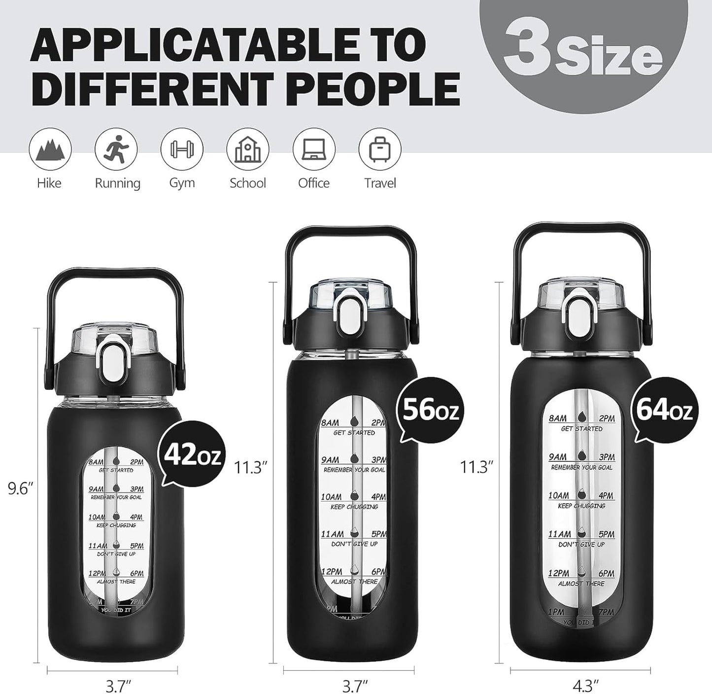 kytffu 56oz Glass Water Bottles with Straw, Motivational Glass Bottle with Silicone Sleeve and Time Marker, Leakproof Large Glass Water Jug for Gym Home Office, Black.