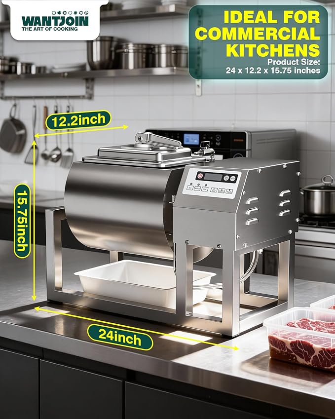 WantJoin Commercial Vacuum Tumbler Marinator, 20L Capacity, 30Min Fast Marinating, 80W Copper Motor, 3-Speed Bidirectional Rotation, Stainless Steel Meat Tumbler for Catering & Kitchen