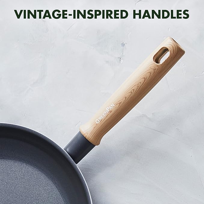 GreenPan Hudson Healthy Ceramic Nonstick, 4 Piece Cookware Pots and Pans Set, Vintage Wood Inspired Handle, PFAS-Free, Dishwasher Safe, Black