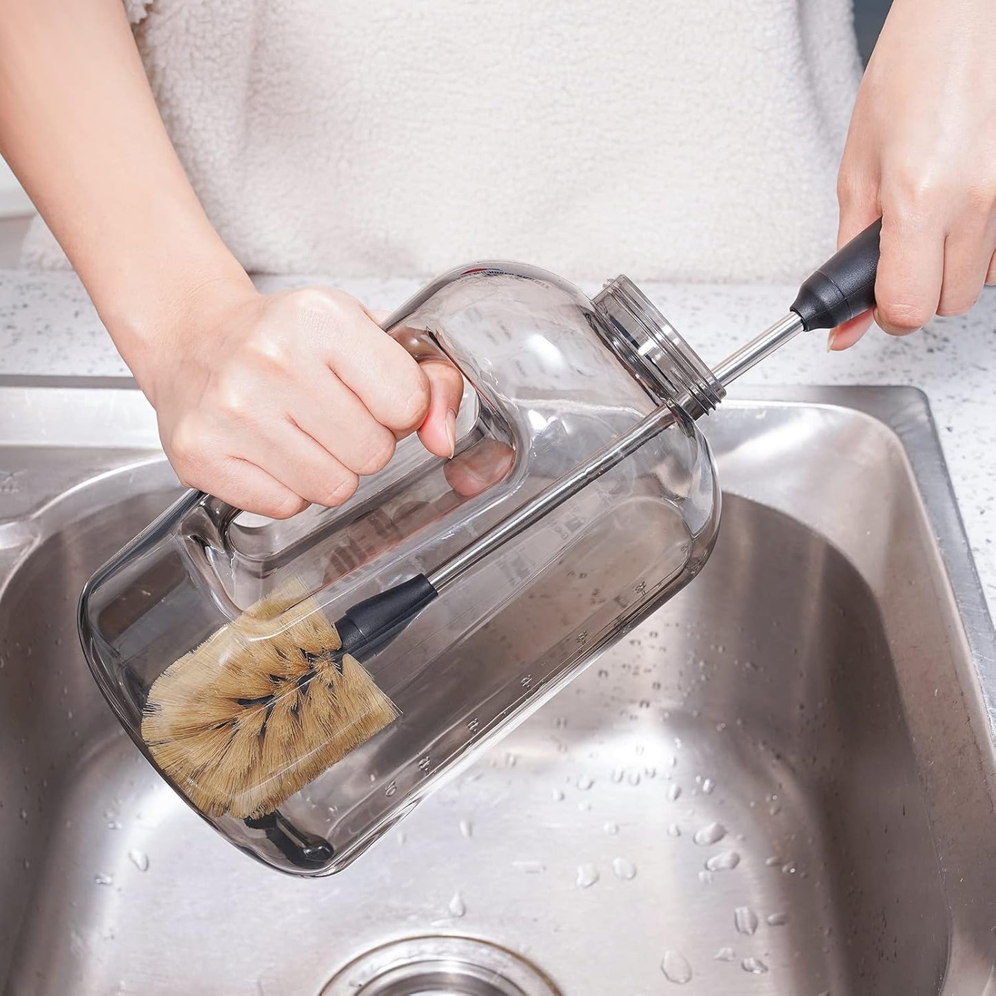 Water Bottle Cleaning Brush with 2 Replaceable Heads, Compatible with Sport Bottles, Tumblers, Mugs, Wine Decanters, Glassware, Round, 1 Pack (15 in)