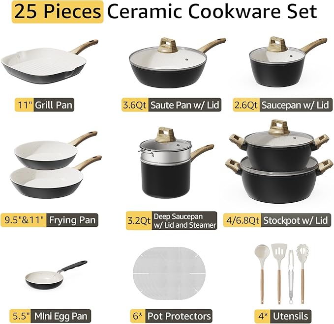 Bazova 25-Piece Pots and Pans Set Non Stick,Titanium Ceramic Cookware Set Non Toxic,Long-Lasting,PFAS Free,Induction Compatible,Complete Kitchen Set for All Family Cooking Needs