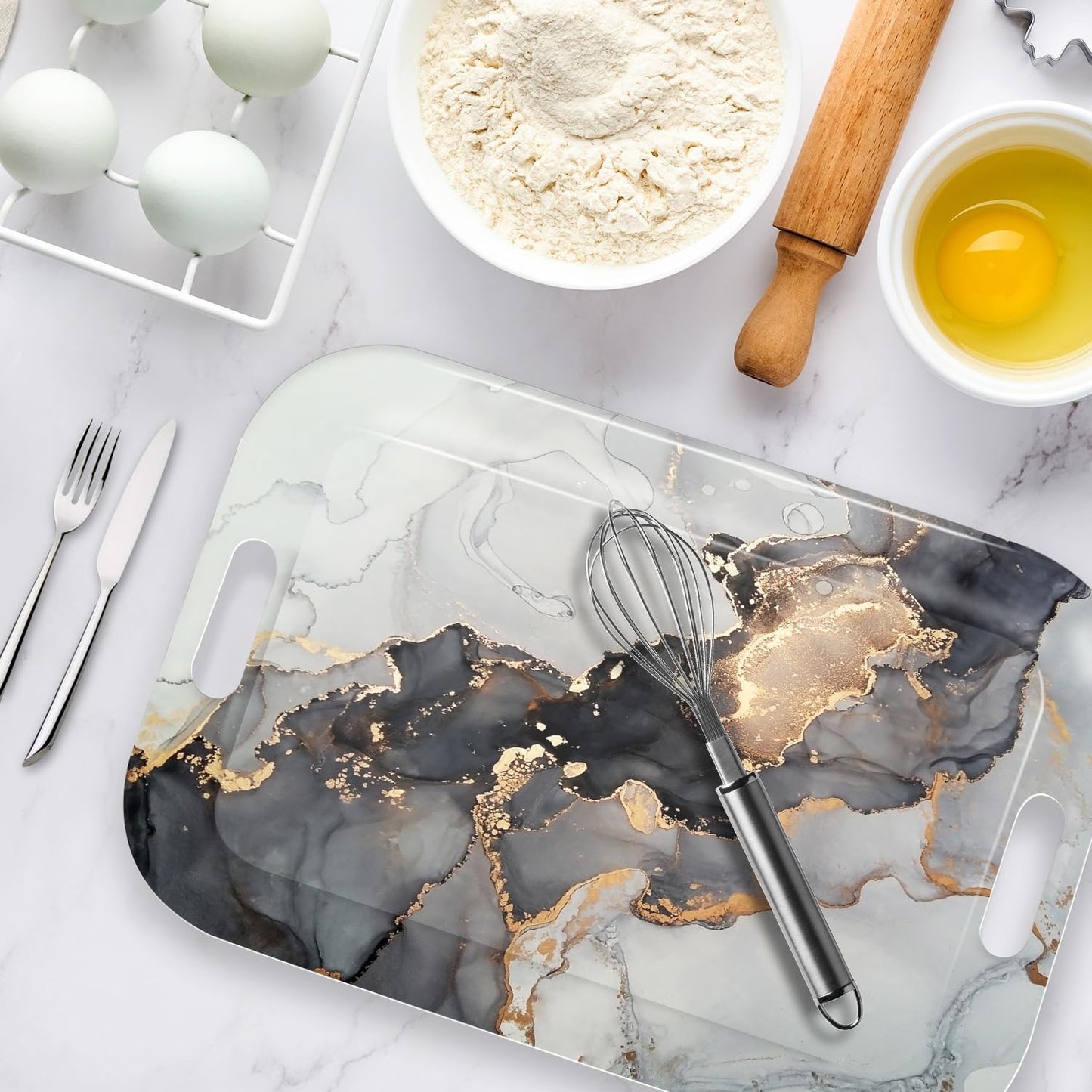 Serving Trays with Handles, 14.5 x 9.8 inch Rectangular Plastic Tray for Restaurant, Kitchen, Gray and Golden Marble