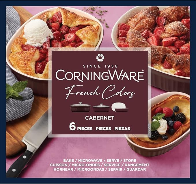 CorningWare Ceramic Bakeware Set with Lids Chip and Crack Resistant Stoneware Baking Dish, Microwave, Dishwasher, Oven, Freezer and Fridge Safe, 6-Piece French Cabernet