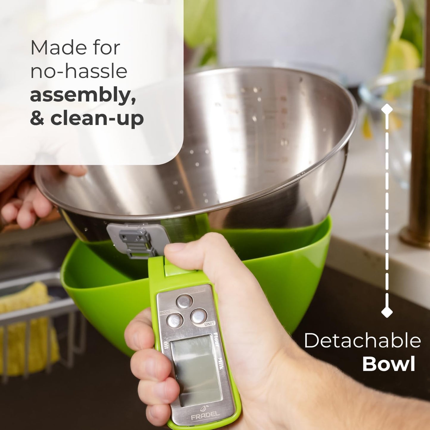 Fradel Digital Kitchen Food Scale with Bowl - 11lb, Grams & Ounces - Removable, Dishwasher-Safe Mixing Bowl - Green