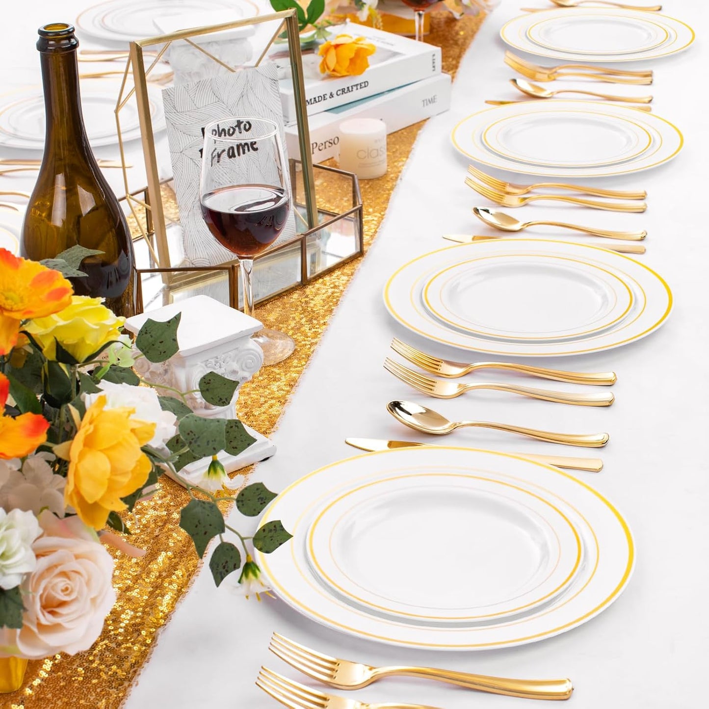FLOWERCAT 60PCS Gold Plastic Plates - Heavy Duty White and Gold Plastic Plates Disposable for New Year/Thanksgiving Party/Wedding - Include 30PCS 10.25" Dinner Plates and 30PCS 7.5" Dessert Plates - Culinary Roots