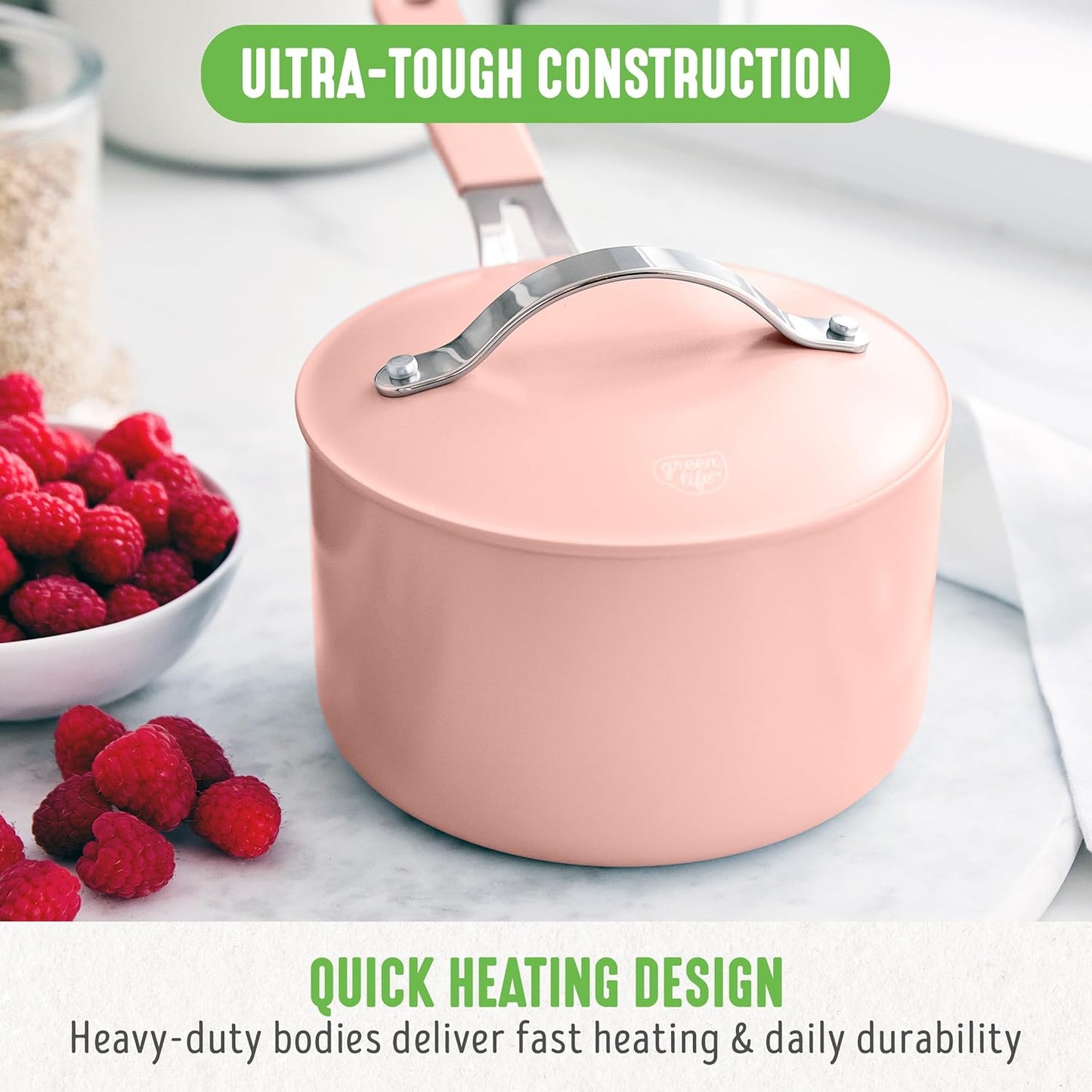 GreenLife 2 Quart Nonstick Saucepan with Lid, Lightweight Healthy PFAS-Free Milk Pan, Dishwasher & Oven Safe Soup Pan, Durable Body, Silicone Stay-Cool Handle, Easy Release Chef’s Pan, Pink - Culinary Roots
