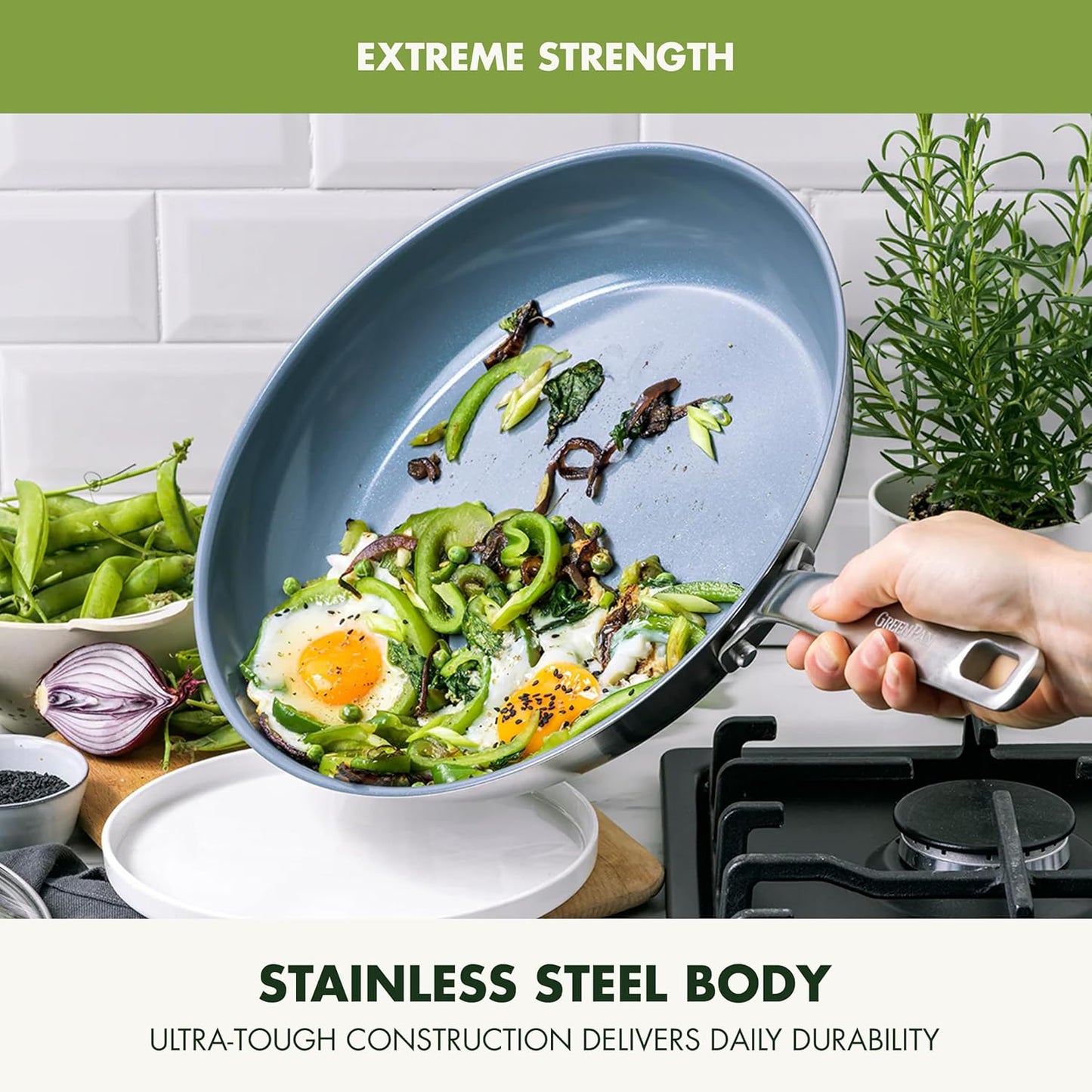 GreenPan Treviso Stainless Steel Healthy Ceramic Nonstick, 12" Frying Pan Skillet with Lid, PFAS-Free,Clad, Induction, Dishwasher Safe, Silver - Culinary Roots