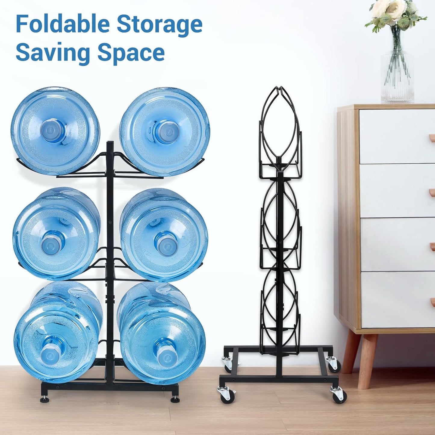 5 Gallon Water Jug Holder with 4 Wheels, Movable Heavy Duty Foldable Water Jug Stand 3-Tier 5 Gallon Water Bottle Holder Water Cooler Jug Storage Rack for 6 Bottles(Black) - Culinary Roots